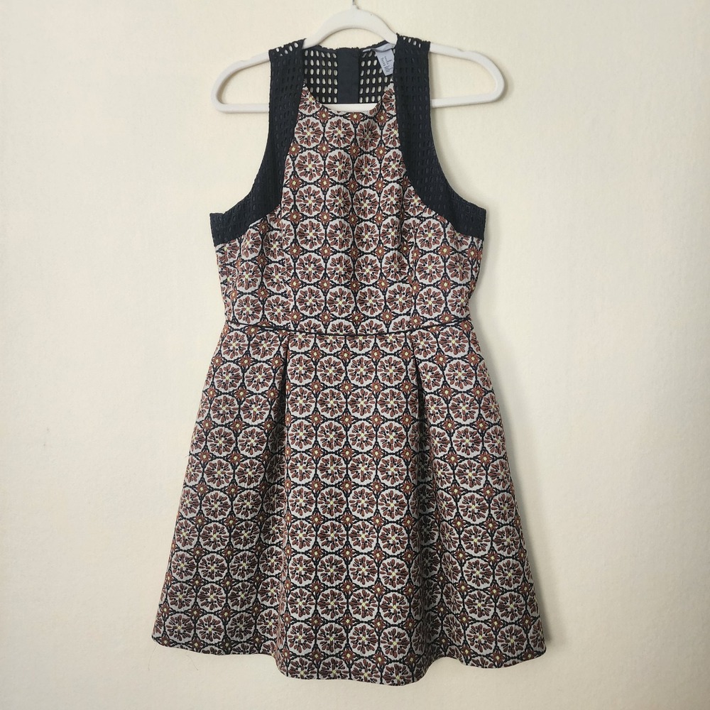 H&M Floral Tapestry Eyelet Mesh Back Fit & Flare Dress Rust Black Gold Zip Sz 12